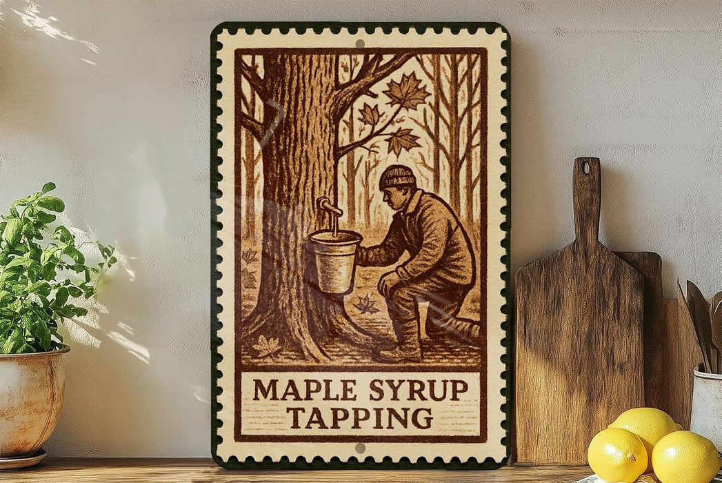 A framed illustration of a person tapping a tree to collect maple syrup, with the text "M maple syrup tapping" below the image.