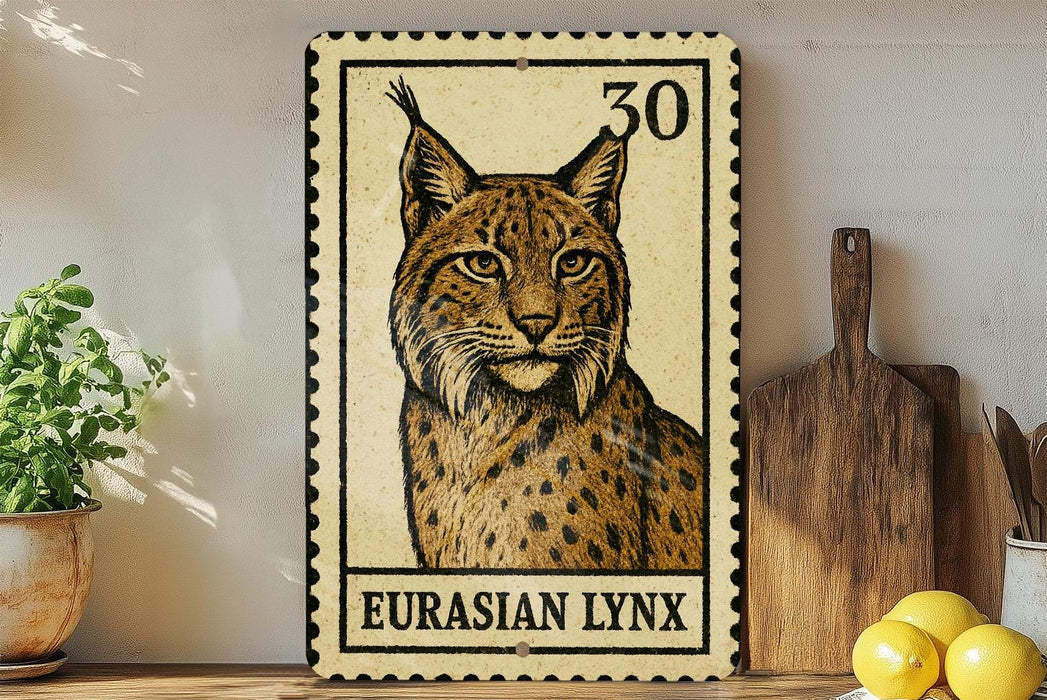 A framed image of a European lynx, a type of wild cat, is displayed on a shelf next to a wooden cutting board and some kitchen utensils.
