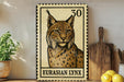 A framed image of a European lynx, a type of wild cat, is displayed on a shelf next to a wooden cutting board and some kitchen utensils.