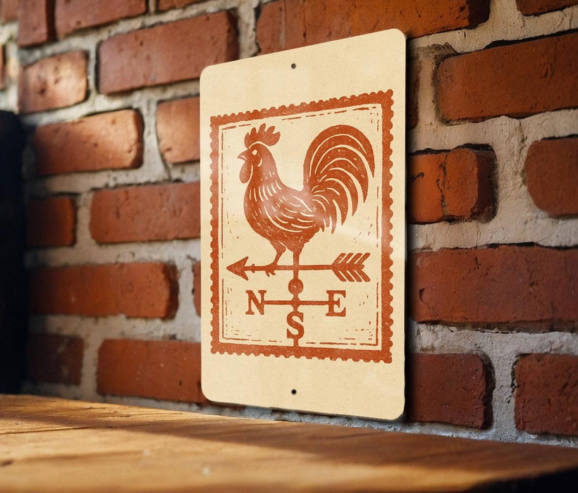 A sign with a rooster and a compass rose is mounted on a brick wall.