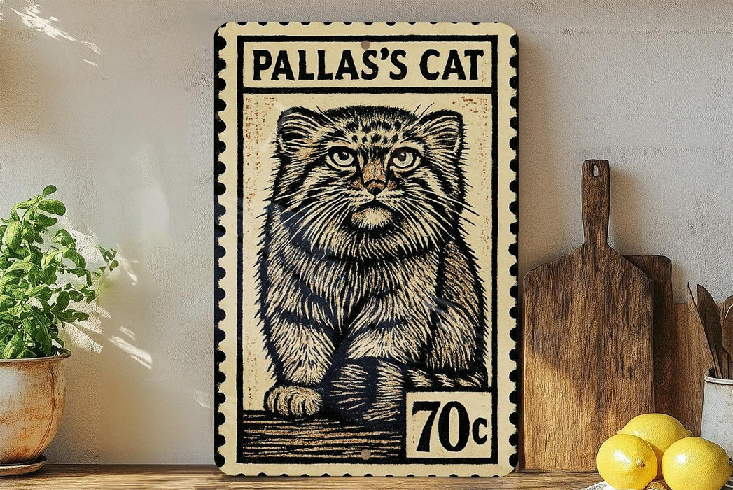 A framed poster of a cat, with the text "PALLAS'S CAT" and a price of 70 cents, is displayed on a shelf next to a wooden cutting board and a potted plant.