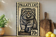 A framed poster of a cat, with the text "PALLAS'S CAT" and a price of 70 cents, is displayed on a shelf next to a wooden cutting board and a potted plant.