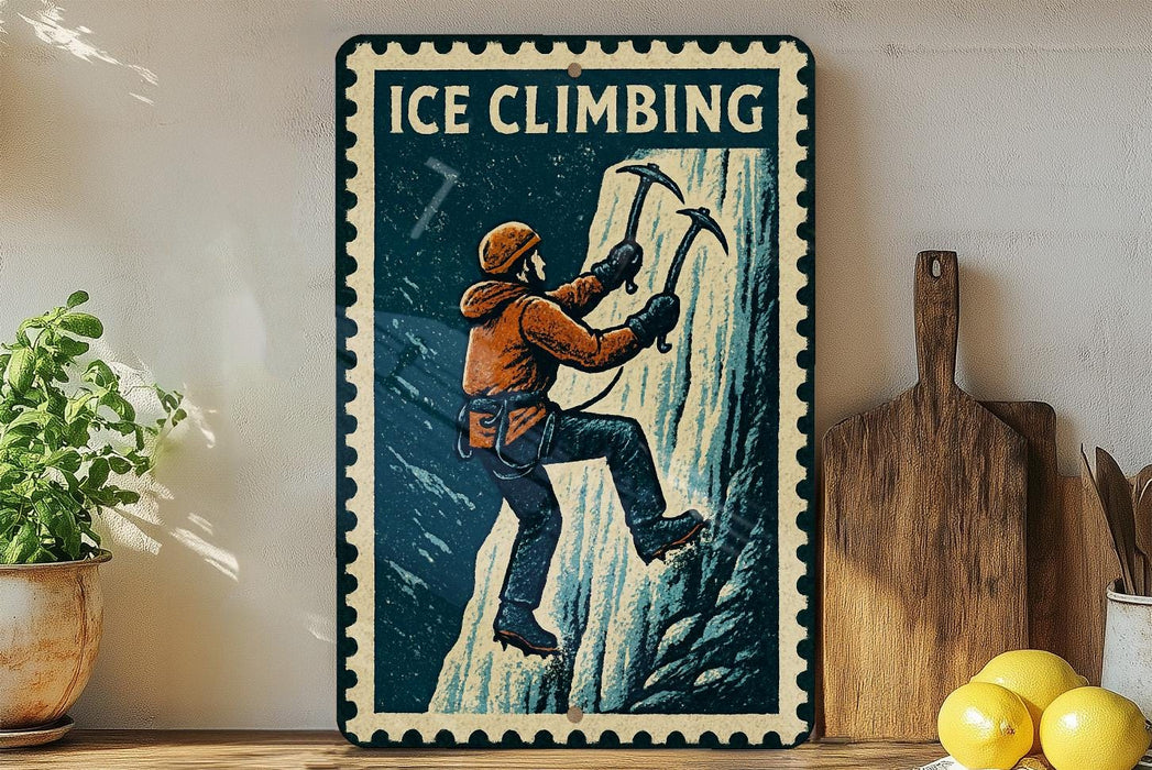 A vintage-style metal sign with an illustration of a person climbing a mountain, surrounded by various kitchen utensils and a potted plant.