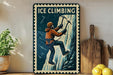 A vintage-style metal sign with an illustration of a person climbing a mountain, surrounded by various kitchen utensils and a potted plant.