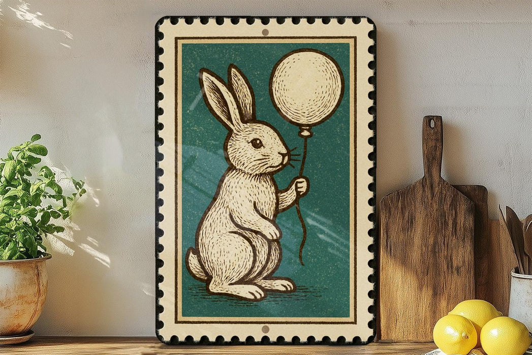 A framed illustration of a rabbit holding a balloon is displayed on a shelf, accompanied by a wooden cutting board, a potted plant, and some lemons.