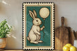 A framed illustration of a rabbit holding a balloon is displayed on a shelf, accompanied by a wooden cutting board, a potted plant, and some lemons.