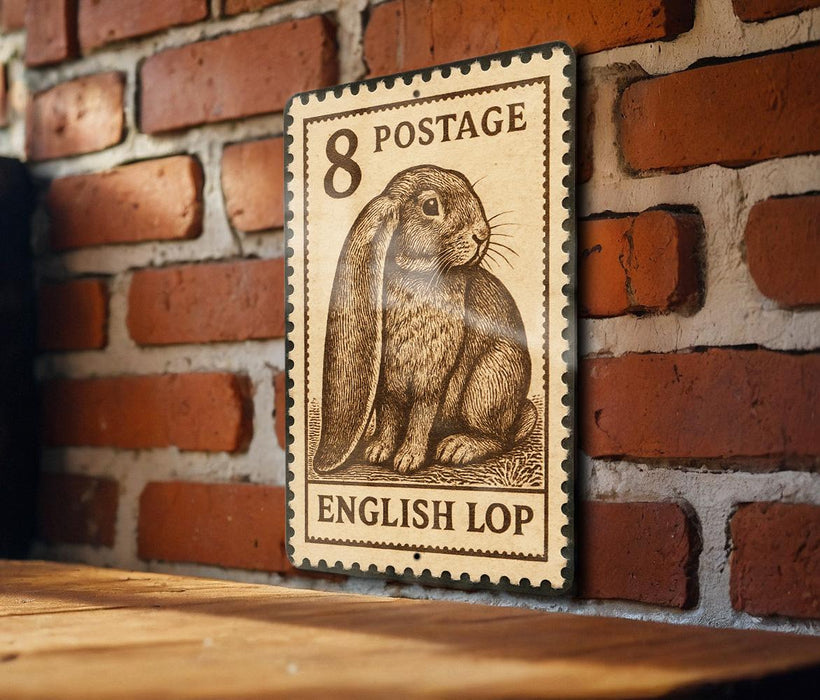 A wooden surface with a vintage-style postcard featuring a rabbit on it, mounted on a brick wall.