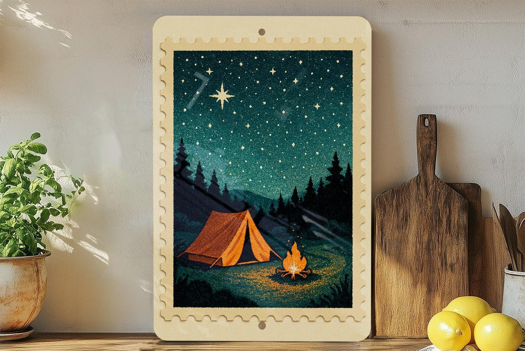 A framed illustration depicting a camping scene with a tent, campfire, and starry night sky.
