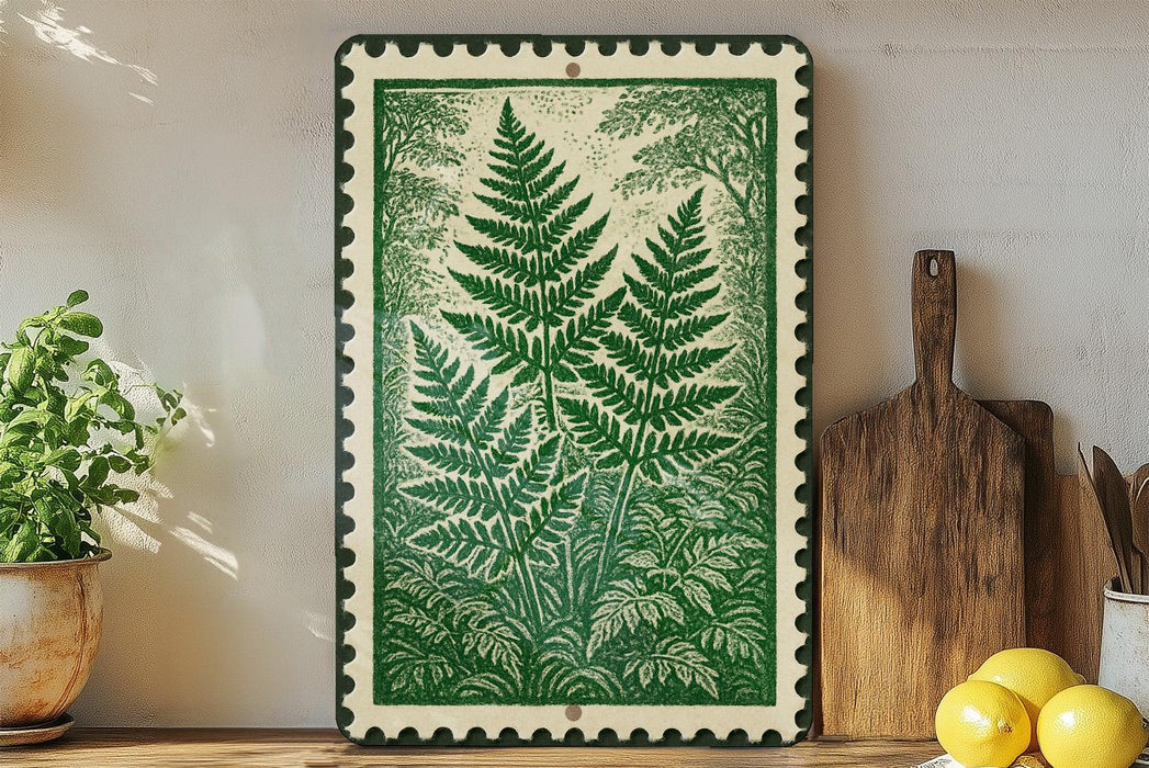 a framed illustration of green ferns on a shelf, with a wooden cutting board and a potted plant to the left.