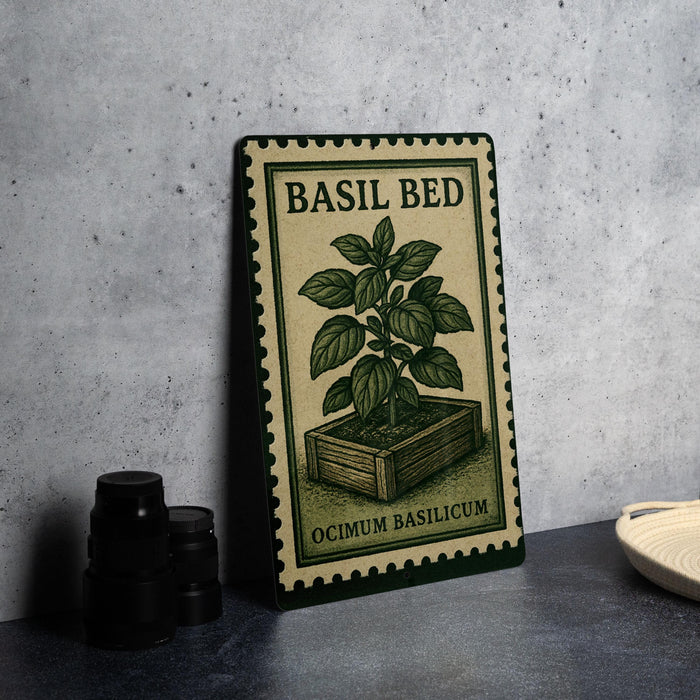 A metal sign with a basil plant illustration and text, placed on a table next to some black containers.