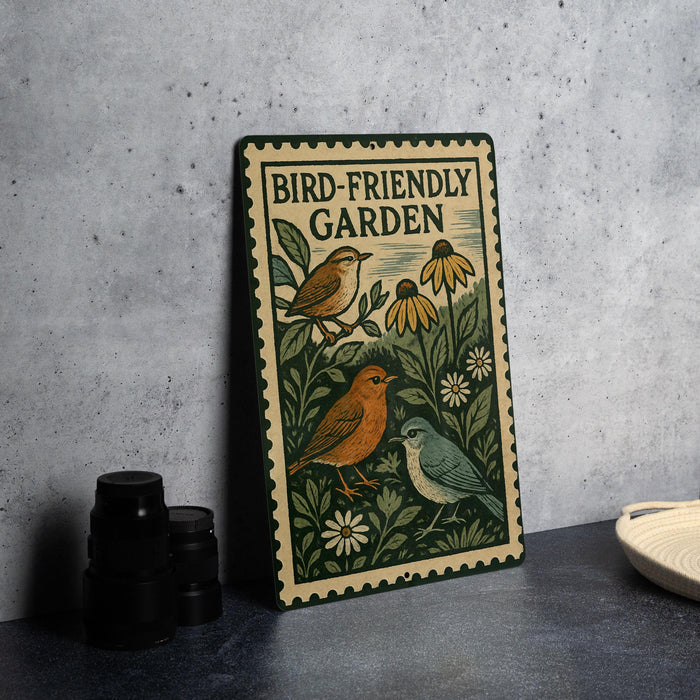 A metal sign with a bird illustration and the text "Bird-Friendly Garden" is displayed on a table.