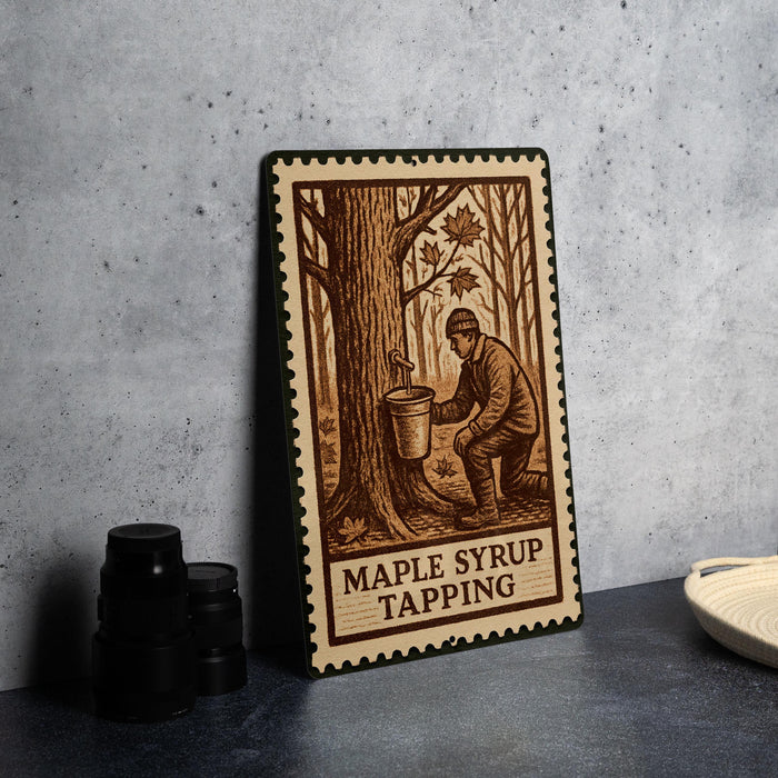 A metal sign with a tree and a person tapping a tree, along with the text "MADE IN CANADA" and "MADE IN CANADA TAPPING".