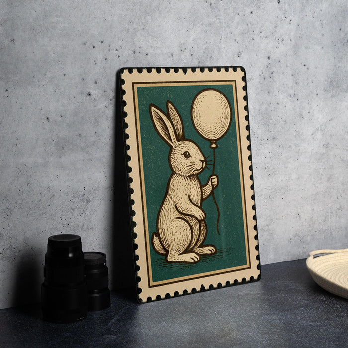 A framed illustration of a rabbit holding a balloon is displayed on a table.