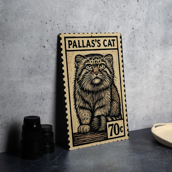 A wooden postcard featuring a cat illustration, with the text "PALLAS'S CAT" and a value of 70 cents.