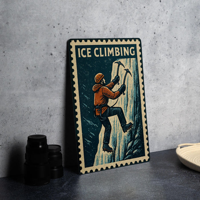 A metal sign with the title "Ice Climbing" and an illustration of a person climbing a mountain.
