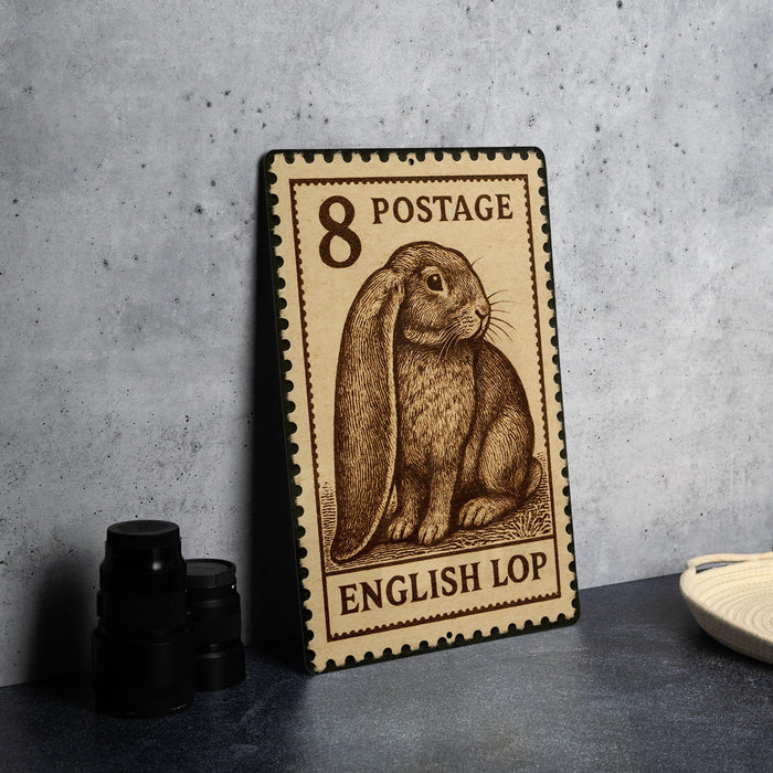 A wooden postcard with an illustration of an English lop rabbit on it, placed on a table next to some black camera lenses.