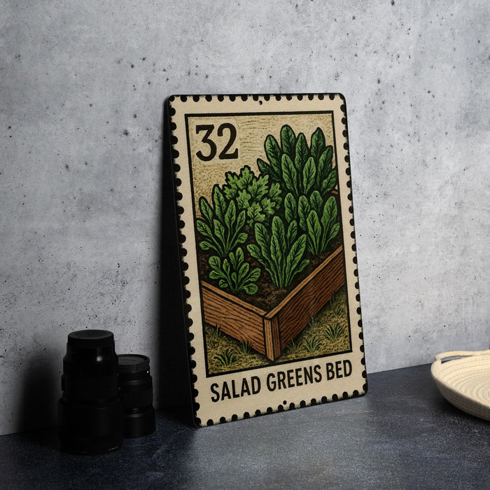 A metal stamp with a garden bed illustration on it, placed on a countertop next to some black camera lenses.