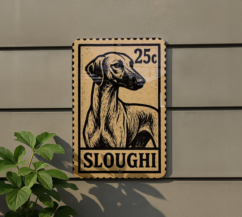 A 25c postage stamp featuring a dog on a brown background, mounted on a wall next to a plant.