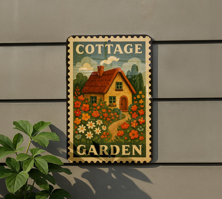 A metal sign with a cottage garden design is mounted on a gray wall, with a plant to the left of the sign.