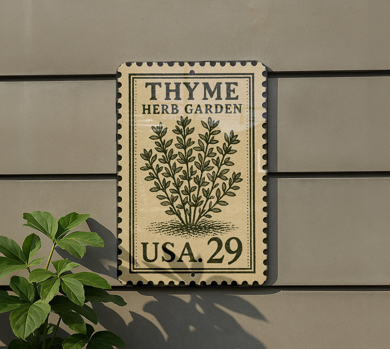A sign for the Thyme Herb Garden in the USA.