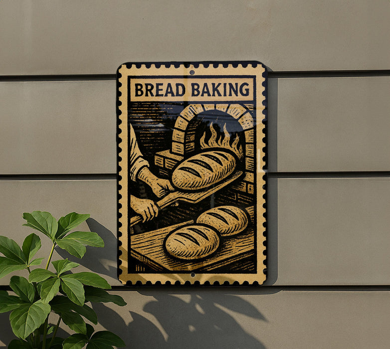 A sign for bread baking, featuring an illustration of a baker working with dough in an oven.