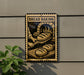 A sign for bread baking, featuring an illustration of a baker working with dough in an oven.