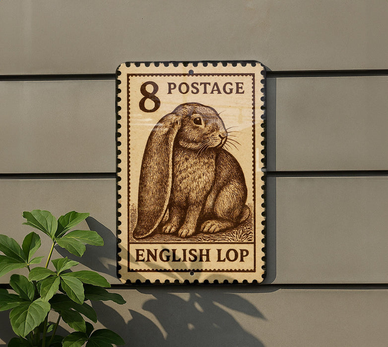 A wooden sign with a postcard-style stamp featuring an illustration of a rabbit, mounted on a wall next to a plant.