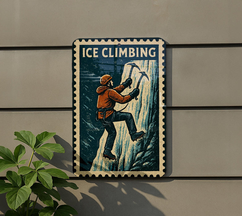 A vintage-style metal sign with an illustration of a person climbing a mountain, mounted on a wall.