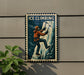 A vintage-style metal sign with an illustration of a person climbing a mountain, mounted on a wall.