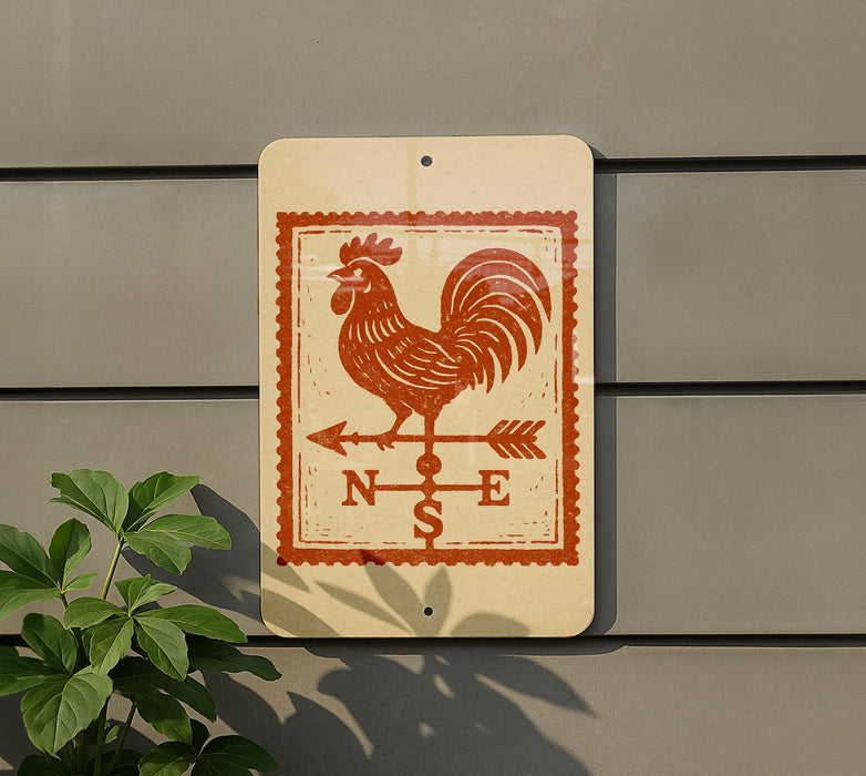 a weather vane with a rooster design, mounted on a wall next to a plant.
