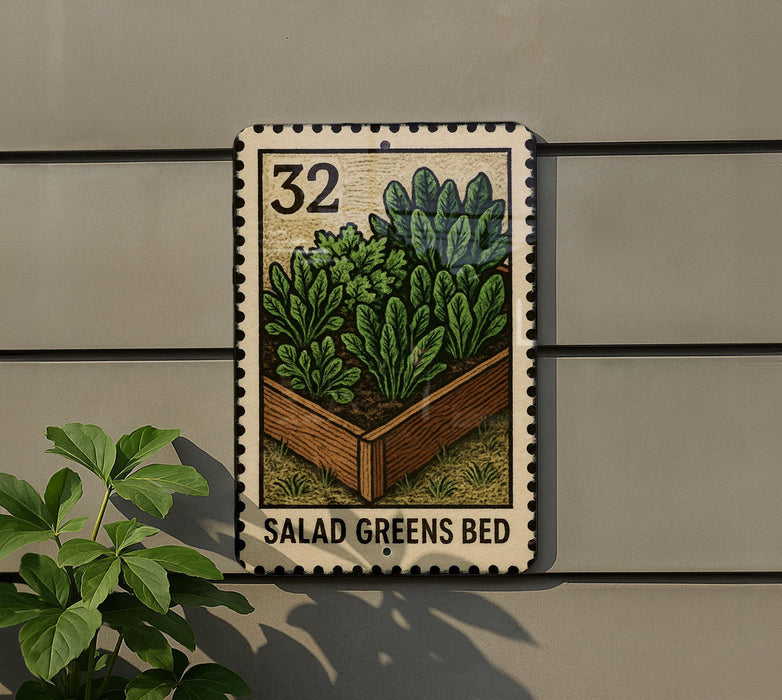A metal sign with a stamp-like design, featuring a garden bed with green plants and the text "SALAD GREEN'S BED" on it.
