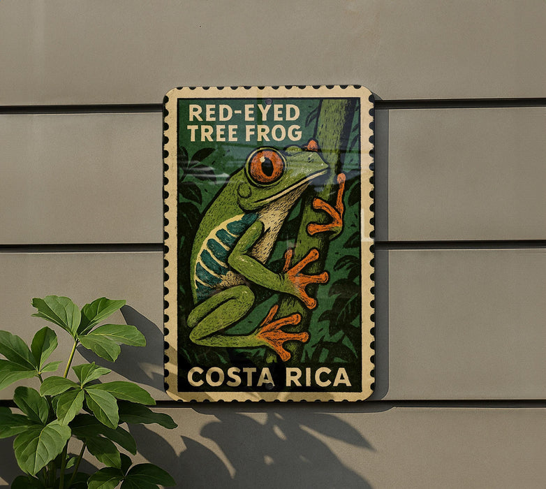 A framed poster of a red-eyed tree frog is displayed on a wall, with a plant to the left.