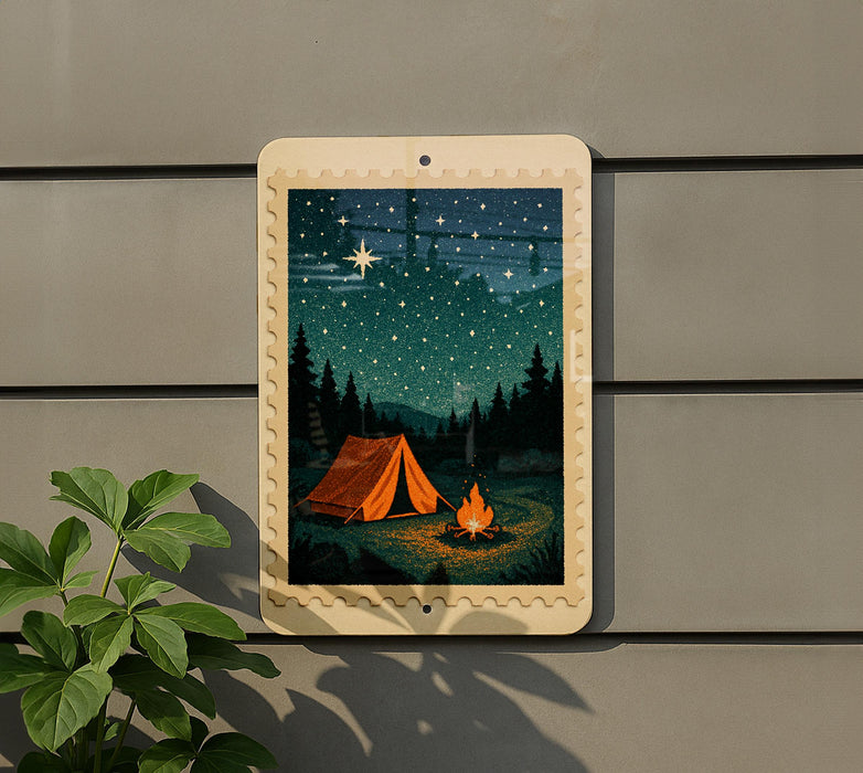 A framed image depicting a camping scene with a tent, campfire, and starry night sky.
