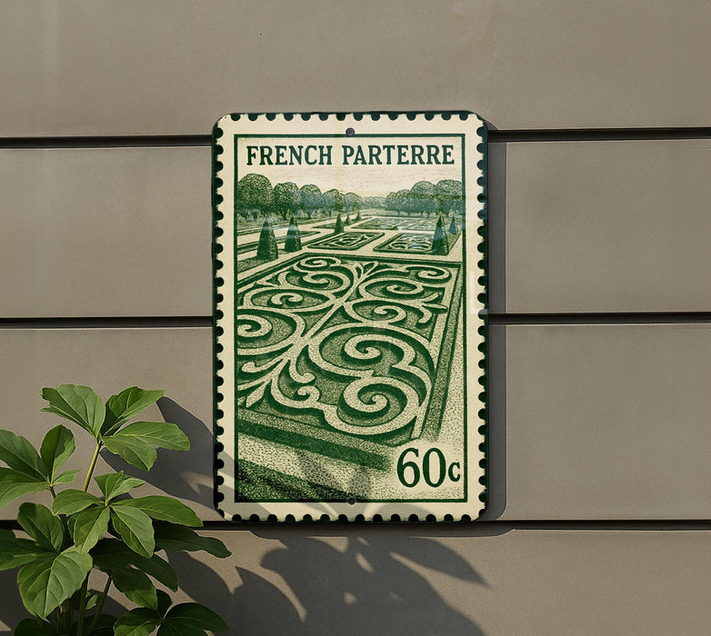 A French postage stamp with a garden scene on it, mounted on a wall next to a plant.