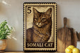 A wooden shelf displaying a framed image of a cat, a wooden cutting board, and some lemons.