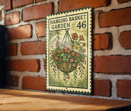 A metal sign with a hanging basket of flowers is mounted on a brick wall.