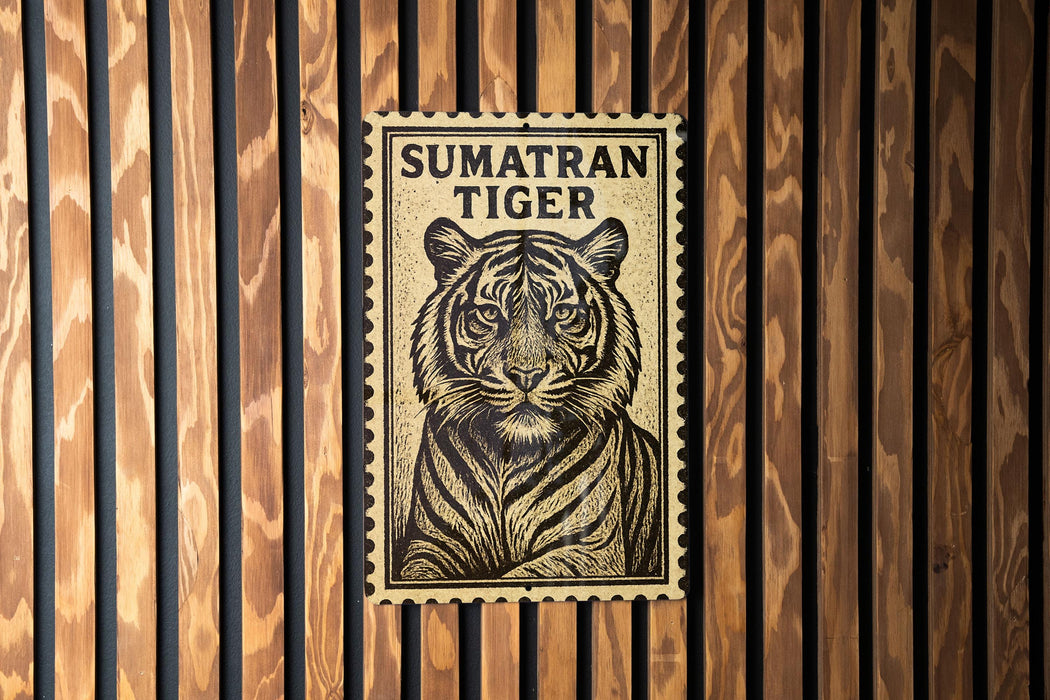 A framed image of a tiger on a wooden wall.