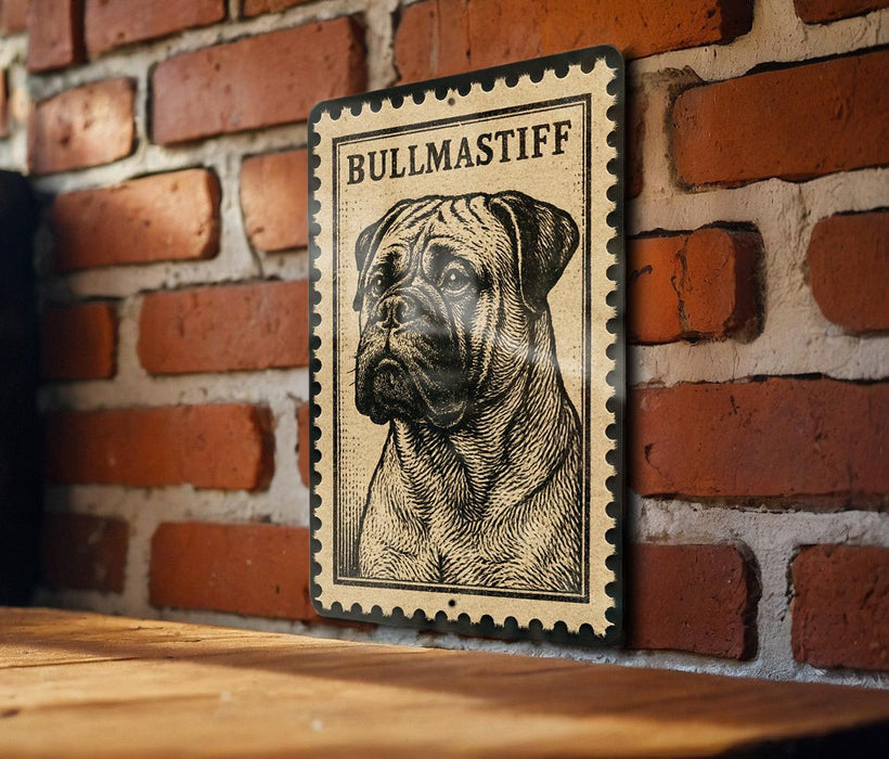 A metal sign featuring a bull mastiff dog is mounted on a brick wall.