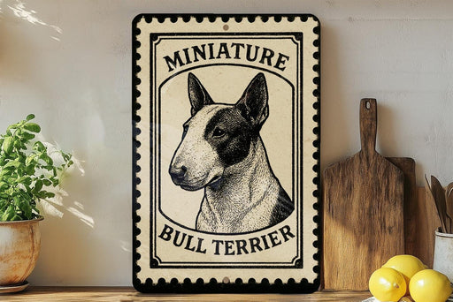 a bull terrier, a small dog breed, with a sign that reads "Miniature Bull Terrier" in the center. The sign is placed on a shelf next to a wooden cutting board and a potted plant.
