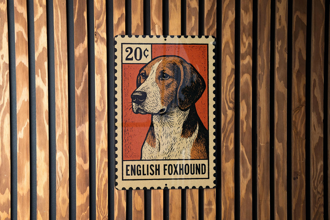 A metal stamp featuring an illustration of an English foxhound dog.