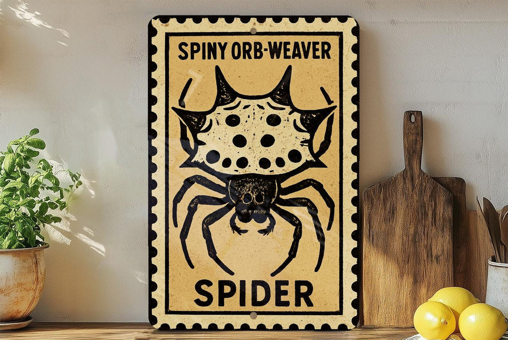 a sign with a spider illustration, placed on a wooden surface next to a wooden cutting board and some lemons.