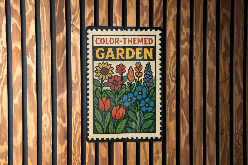 A colorful garden-themed sign is displayed on a wooden wall.