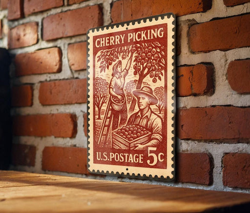 A vintage U.S. postage stamp depicting a cherry picking scene, mounted on a brick wall.
