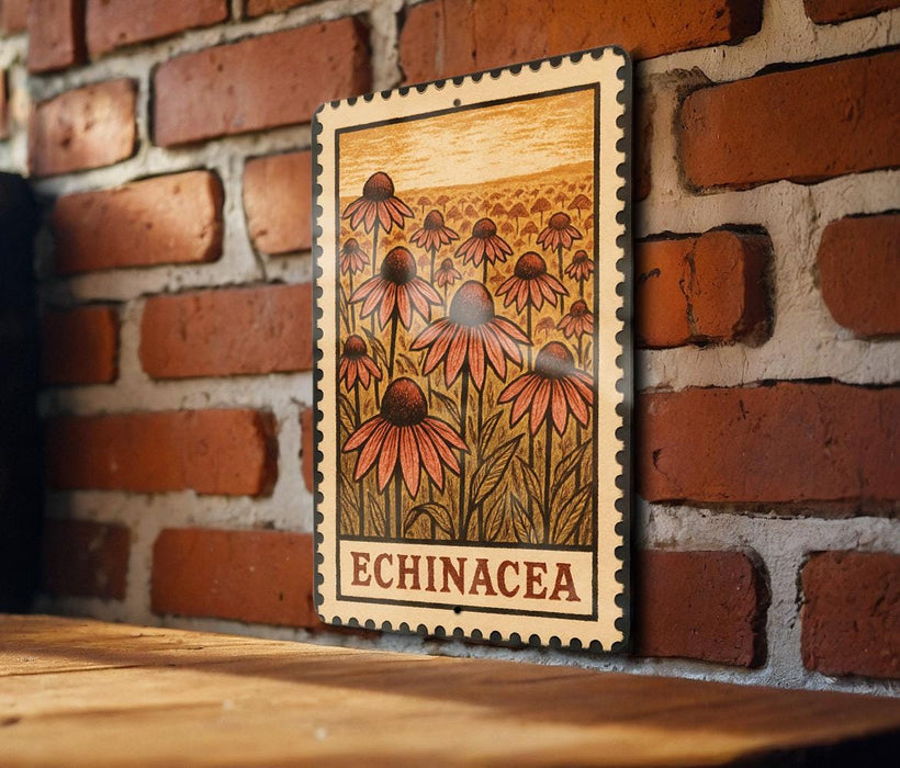 A wooden frame with a printed illustration of flowers on a brick wall.