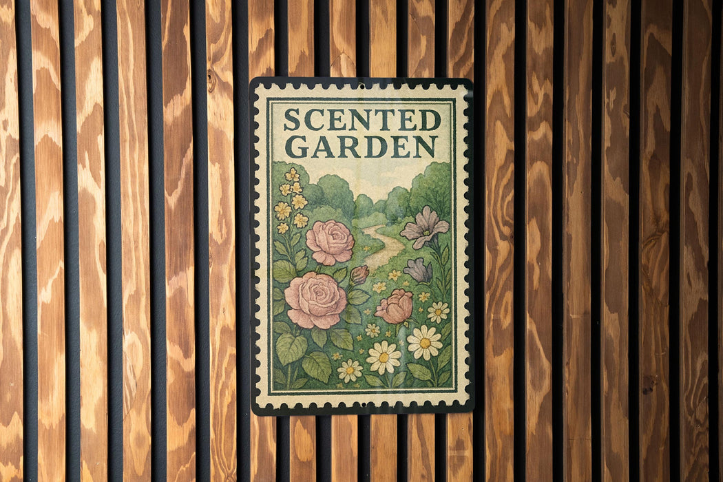a sign that reads "Scented Garden" with a floral illustration of roses, daisies, and other flowers.