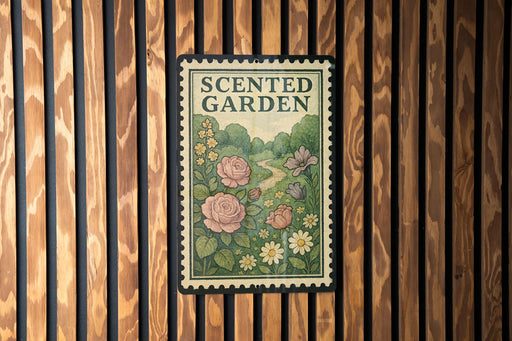a sign that reads "Scented Garden" with a floral illustration of roses, daisies, and other flowers.