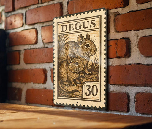 A vintage-style metal stamp featuring a mouse illustration is displayed on a brick wall.