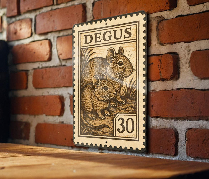 A vintage-style metal stamp featuring a mouse illustration is displayed on a brick wall.