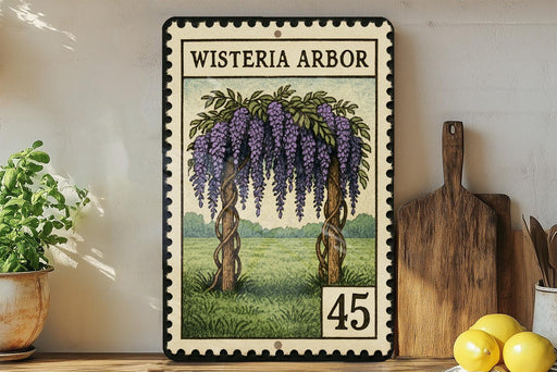 A framed illustration of a wisteria tree with purple flowers, placed on a shelf next to a wooden cutting board and a potted plant.