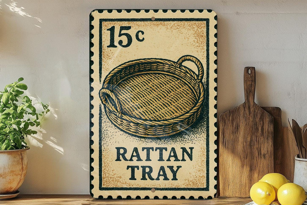 A 15 cent stamp-like sign with a drawing of a woven basket, placed on a wooden surface next to a wooden cutting board and some lemons.